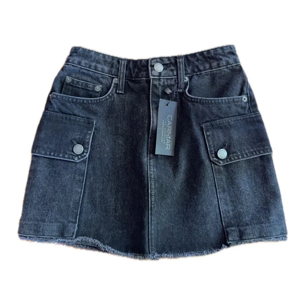 NWT Carmar Denim Colin Black Cargo Mini Skirt Raw Hem Non-Stretch Size 25